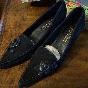 Black suede kitten heels with pointed toes by Beverly Feldman